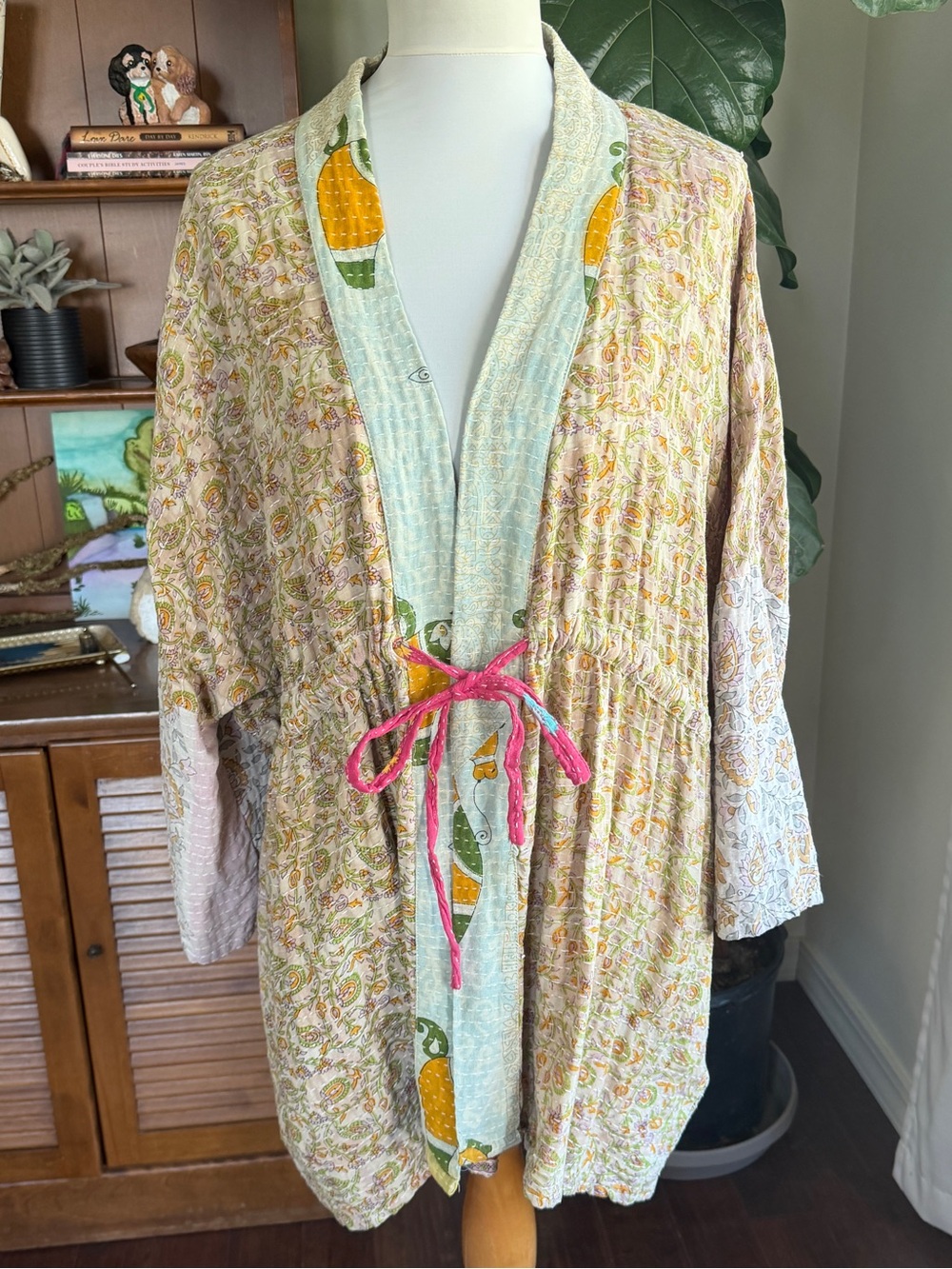 Kantha Bae Dreamweaver Vintage Cotton Sari Pastel Cinch Kimono OS - Picture 4 of 16